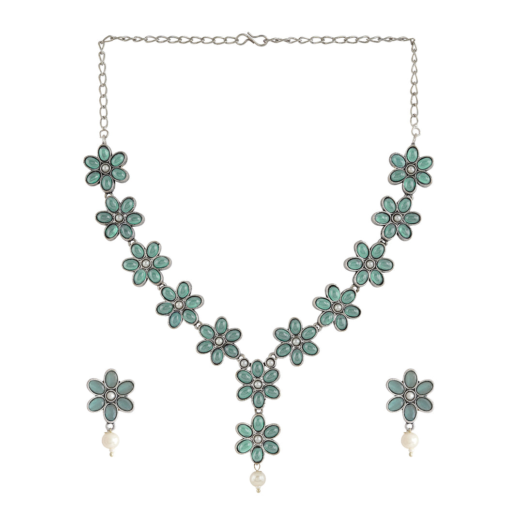 Teejh Silver Sea Green and Floral Motif Set