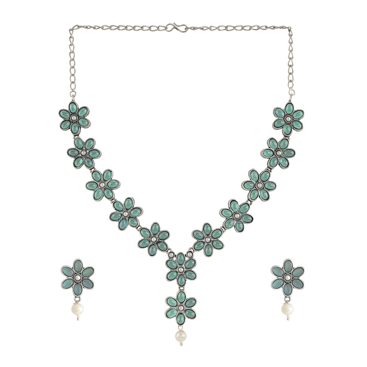 Teejh Silver Sea Green and Floral Motif Set