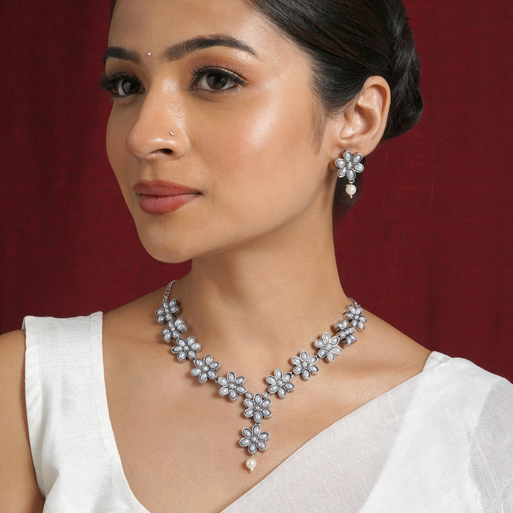 Kriya Silver Oxidised Pearl Necklace Set