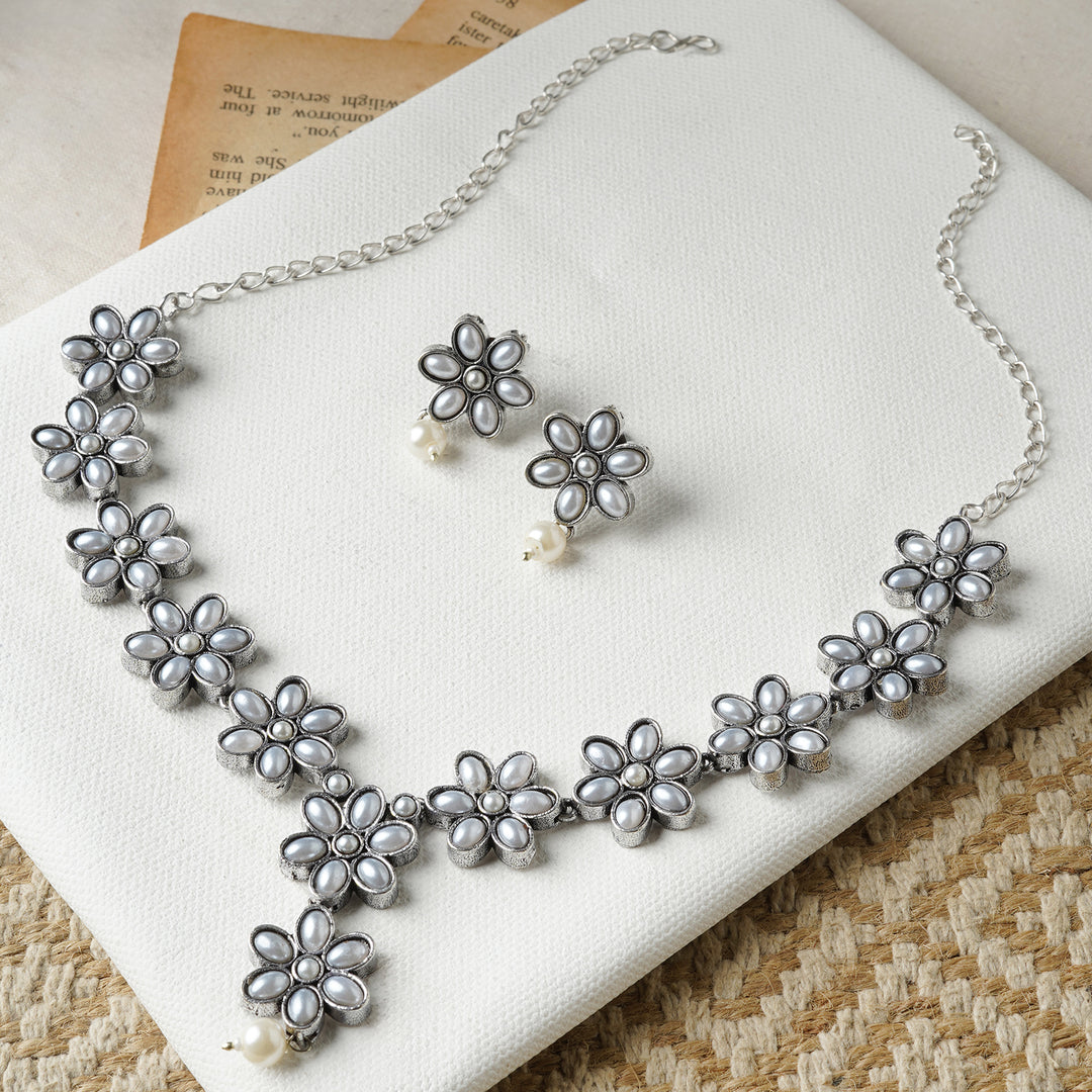 Kriya Silver Oxidised Pearl Necklace Set