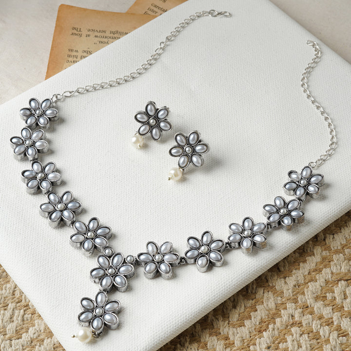 Kriya Silver Oxidised Pearl Necklace Set