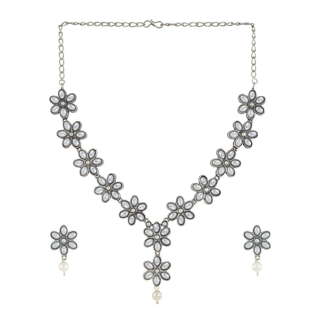 Kriya Silver Oxidised Pearl Necklace Set