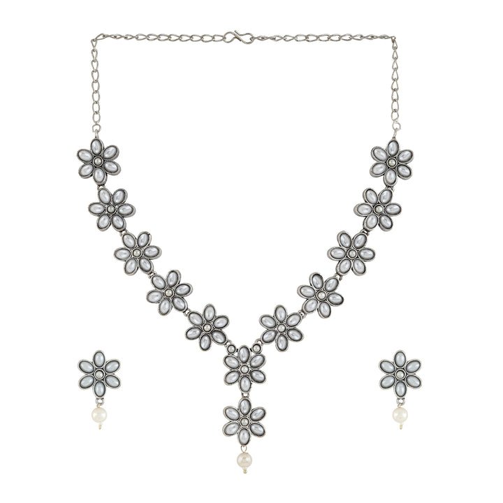 Kriya Silver Oxidised Pearl Necklace Set