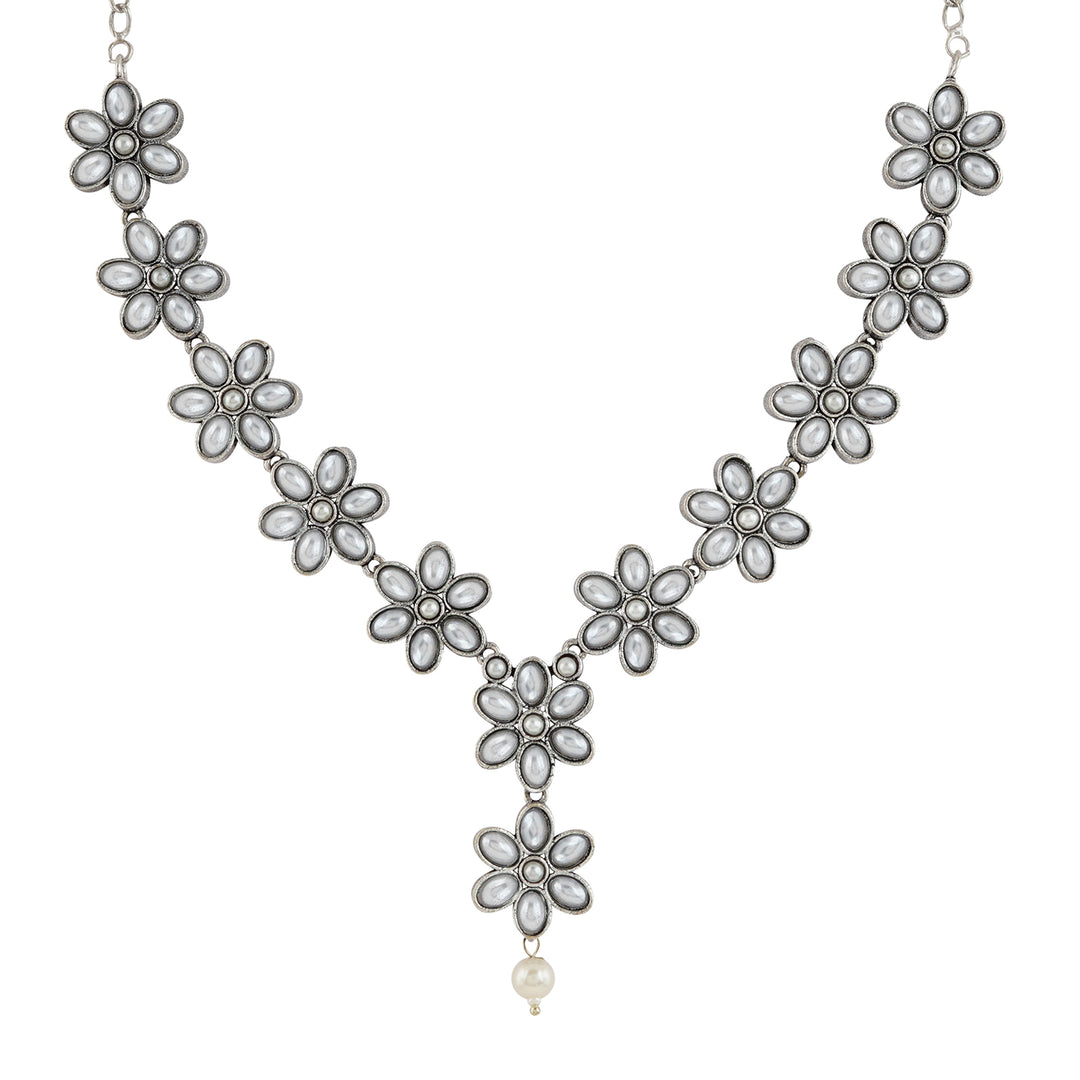 Kriya Silver Oxidised Pearl Necklace Set