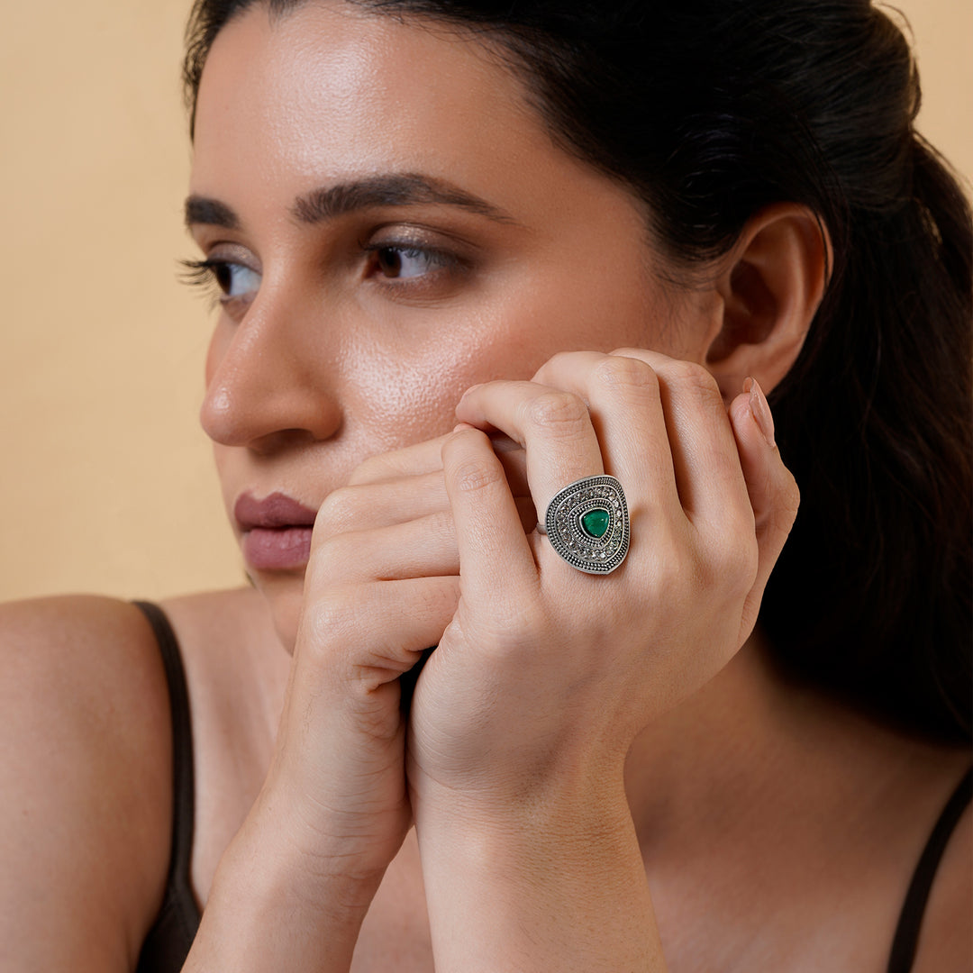 Teejh Phool Silver Green Ring