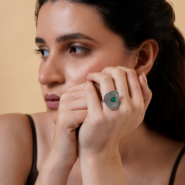 Teejh Phool Silver Green Ring