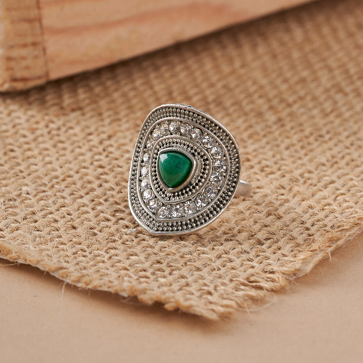 Teejh Phool Silver Green Ring