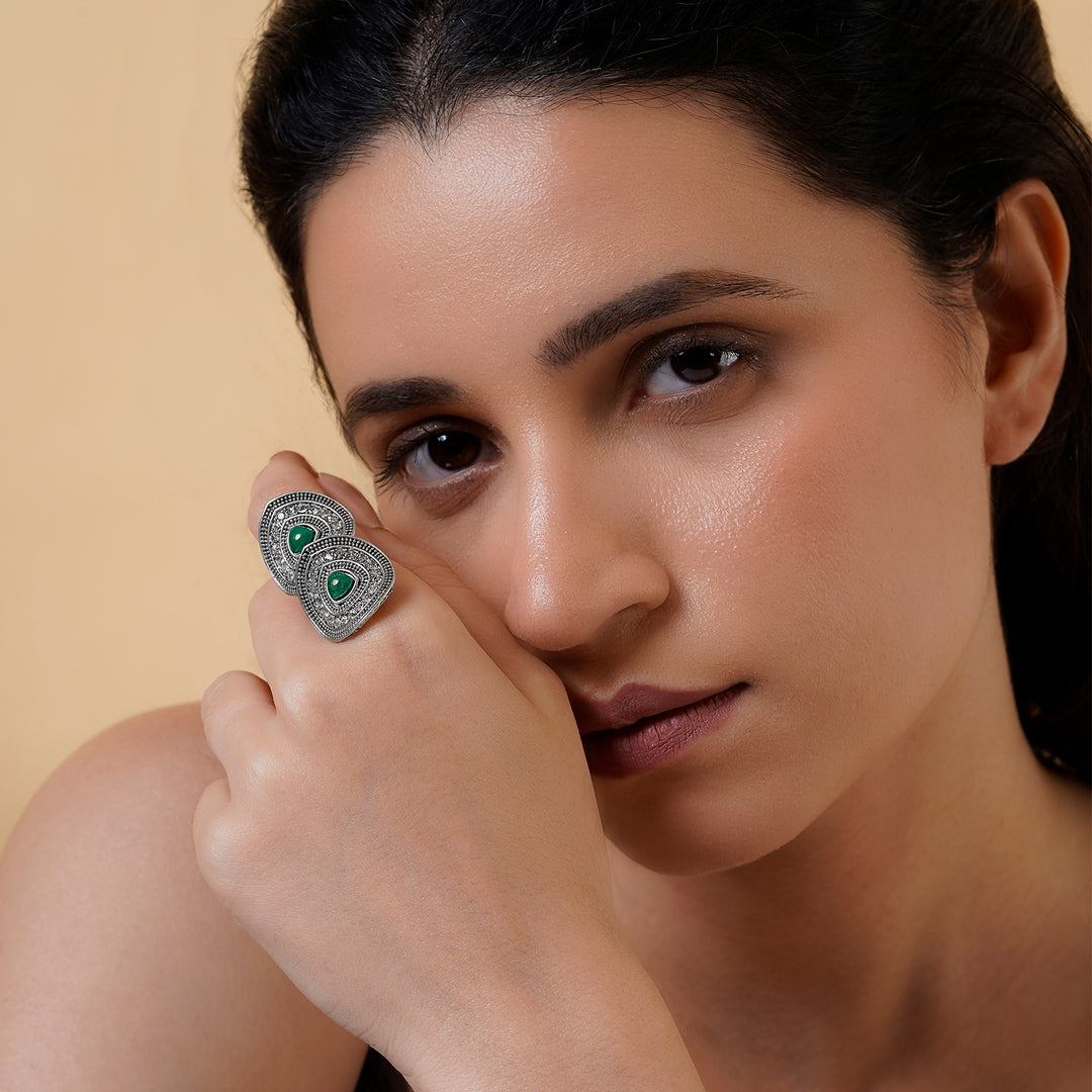 Teejh Takshila Silver Green Ring