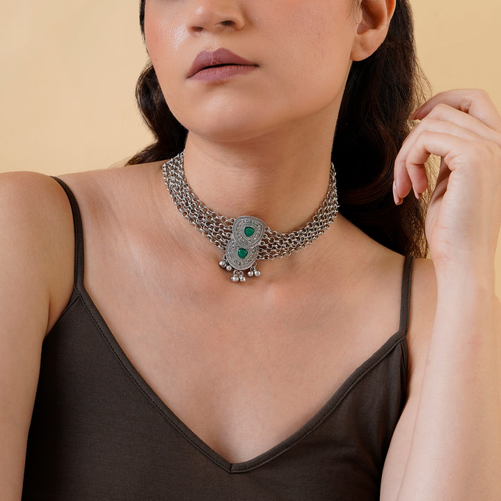 Teejh Vaishnavi Silver Green Necklace