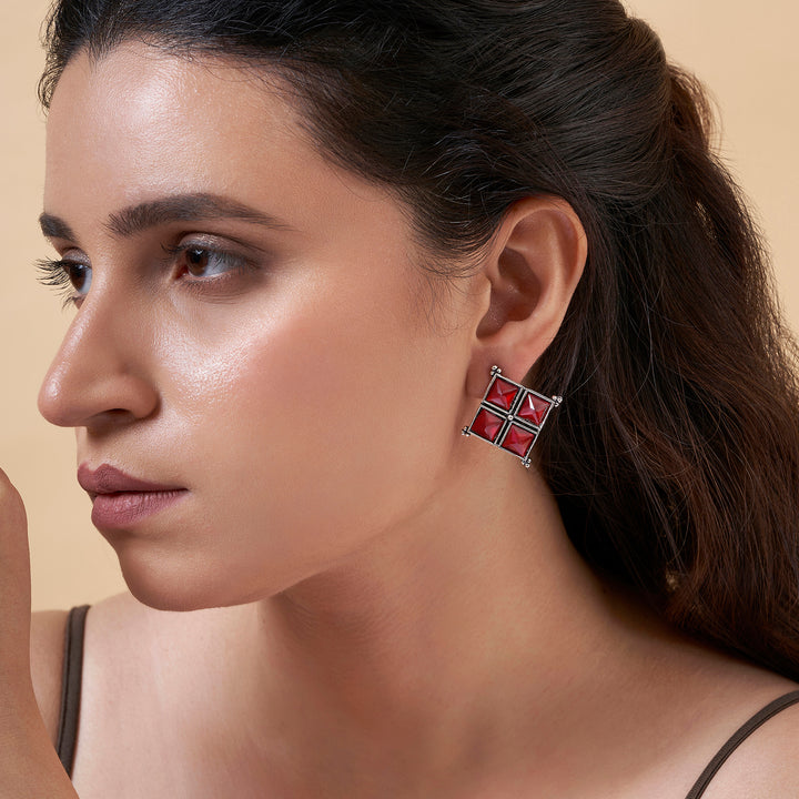 Teejh Dhamini Red Silver Oxidised Earrings