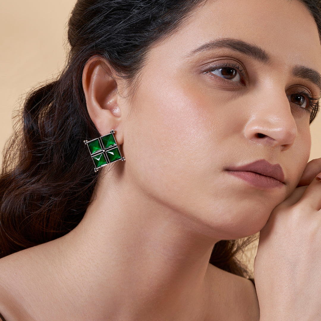 Teejh Dhamini Green Silver Oxidised Earrings