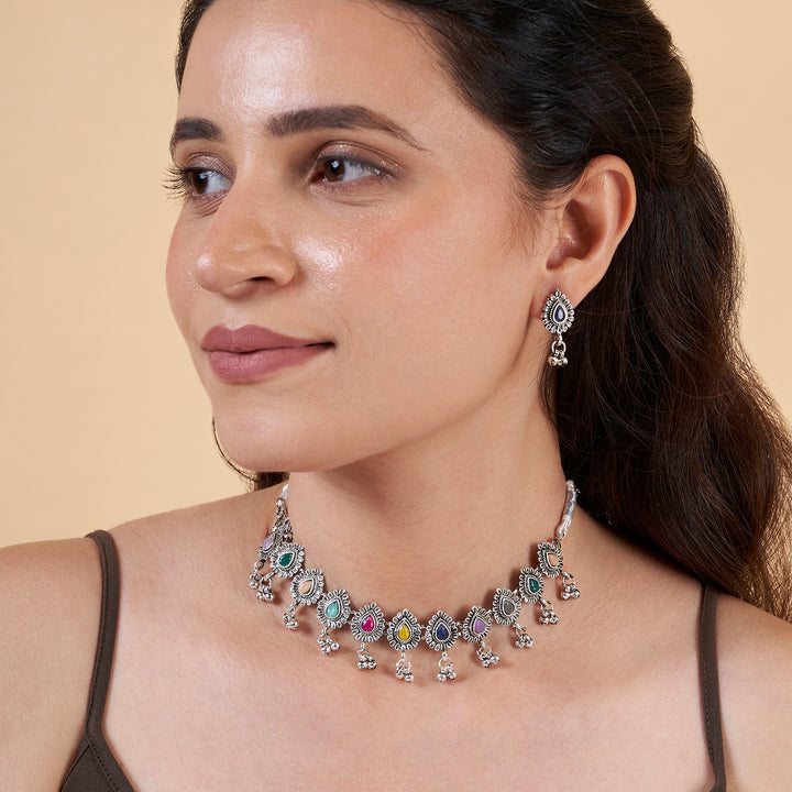 Teejh Chogada Multicolored Silver Oxidised Necklace Set