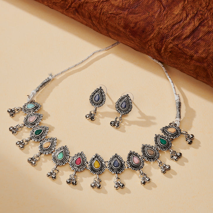 Teejh Chogada Multicolored Silver Oxidised Necklace Set