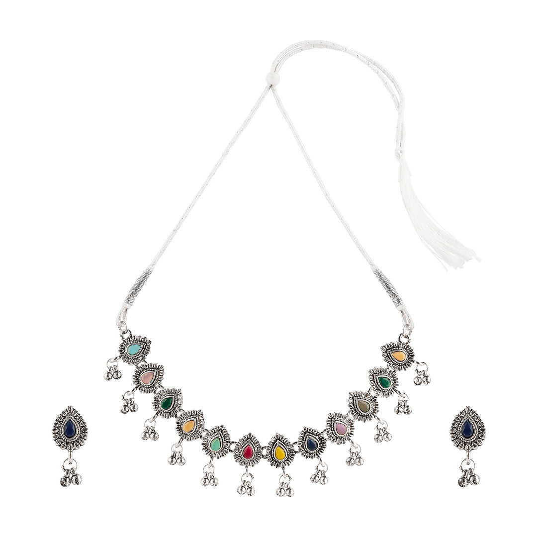 Teejh Chogada Multicolored Silver Oxidised Necklace Set