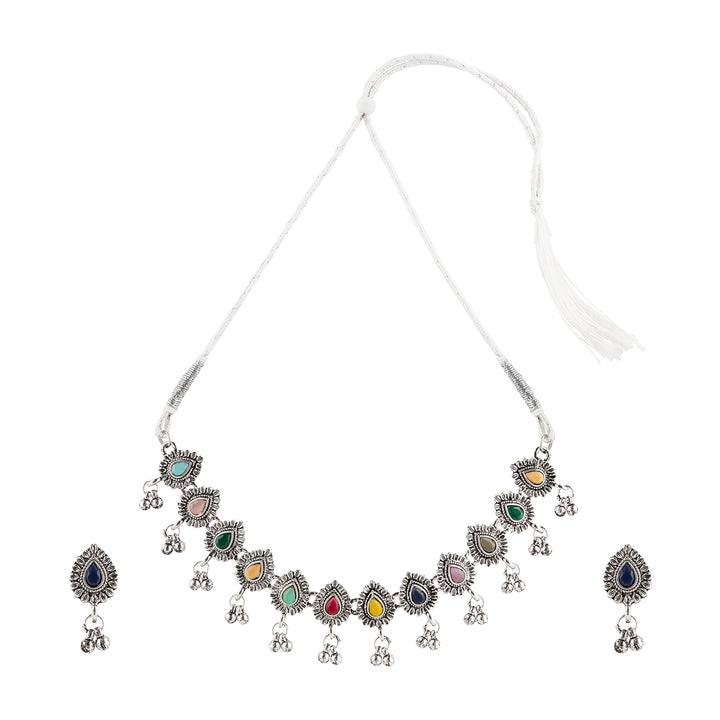 Teejh Chogada Multicolored Silver Oxidised Necklace Set