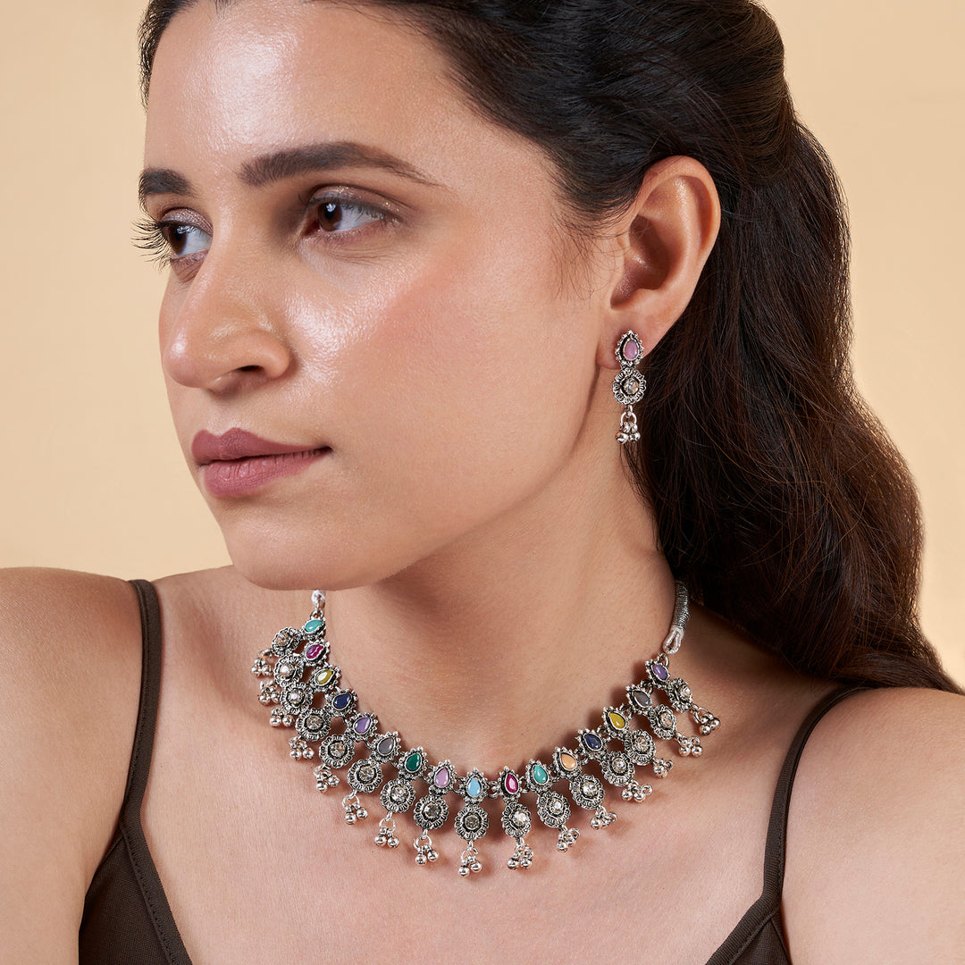 Teejh Dholi Taro Dhol Baaje Multicolored Silver Oxidised Necklace Set