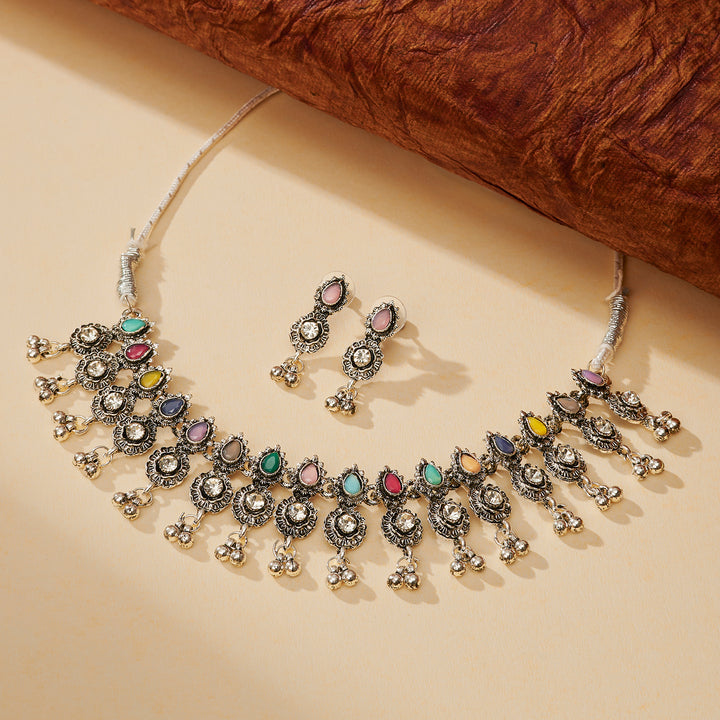Teejh Dholi Taro Dhol Baaje Multicolored Silver Oxidised Necklace Set