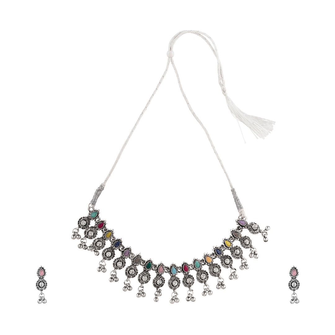 Teejh Dholi Taro Dhol Baaje Multicolored Silver Oxidised Necklace Set
