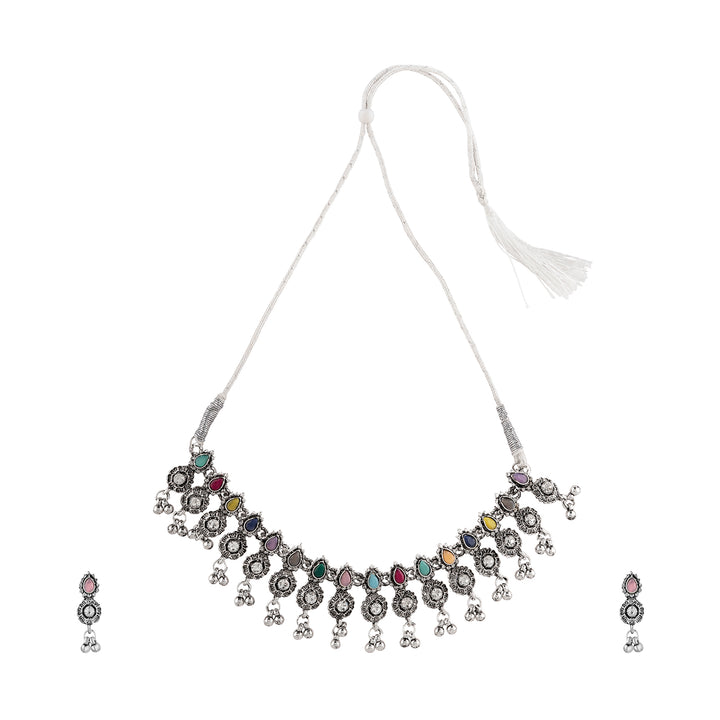 Teejh Dholi Taro Dhol Baaje Multicolored Silver Oxidised Necklace Set
