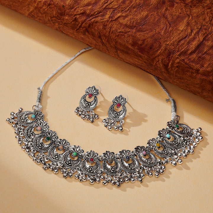 Teejh Udi Udi Jaye Multicolored Silver Oxidised Necklace Set