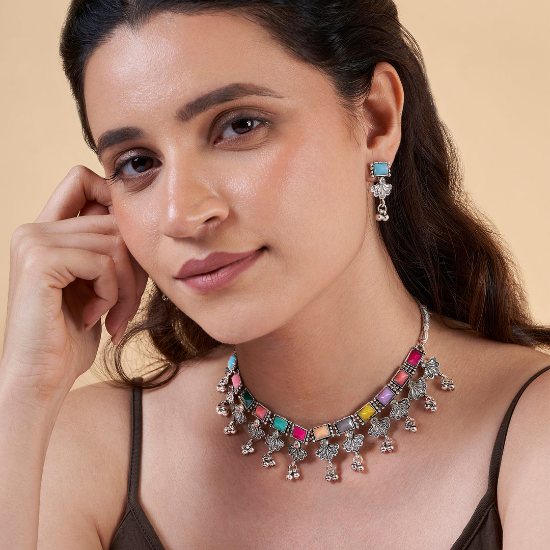 Teejh Nagada Sang Dhol Multicolored Silver Oxidised Necklace Set
