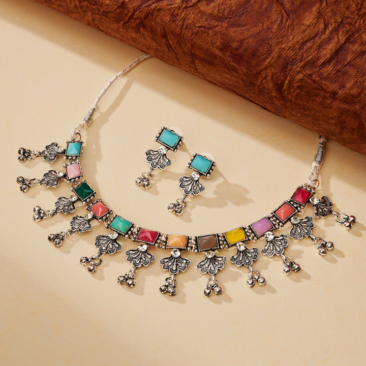 Teejh Nagada Sang Dhol Multicolored Silver Oxidised Necklace Set
