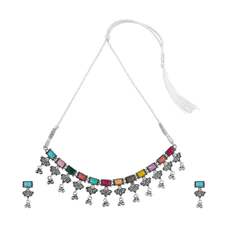 Teejh Nagada Sang Dhol Multicolored Silver Oxidised Necklace Set