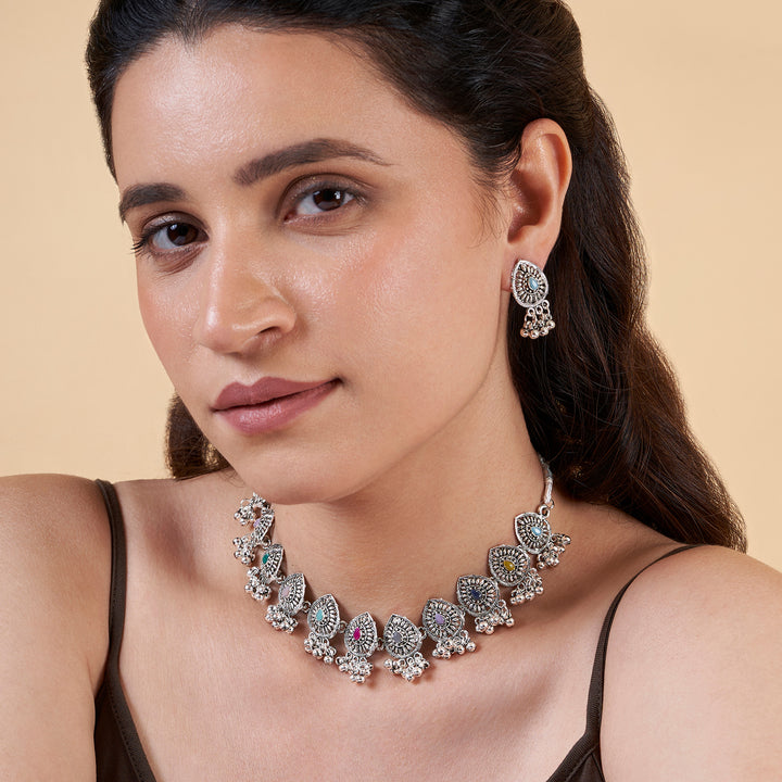 Teejh Odhani Multicolored Silver Oxidised Necklace Set