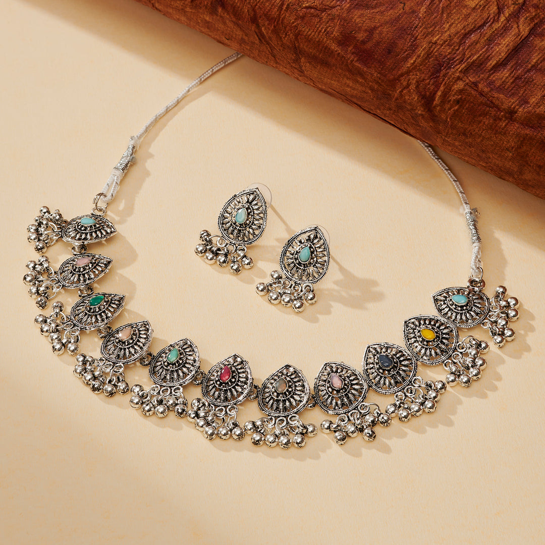Teejh Odhani Multicolored Silver Oxidised Necklace Set