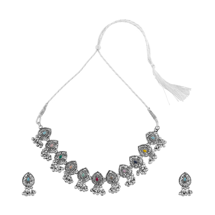 Teejh Odhani Multicolored Silver Oxidised Necklace Set