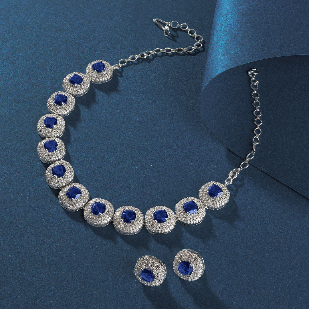 Teejh Celeste Silver Blue Stone Necklace Set