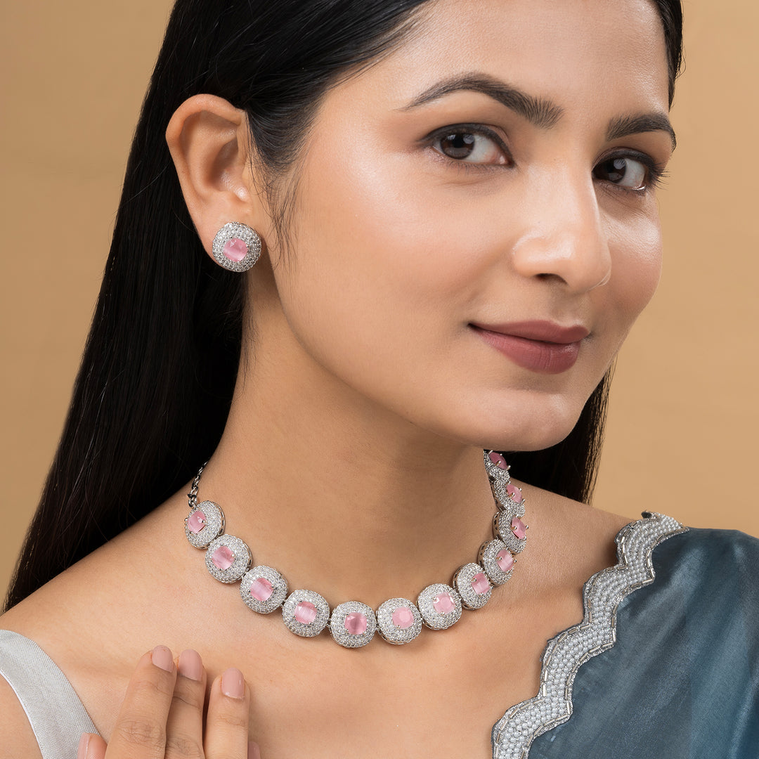 Teejh Celeste Silver Pink Stone Necklace Set