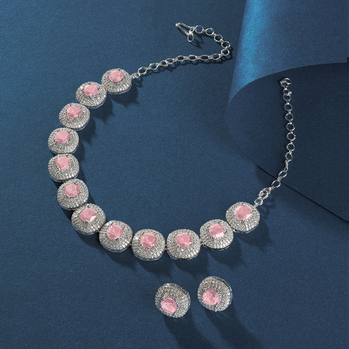 Teejh Celeste Silver Pink Stone Necklace Set