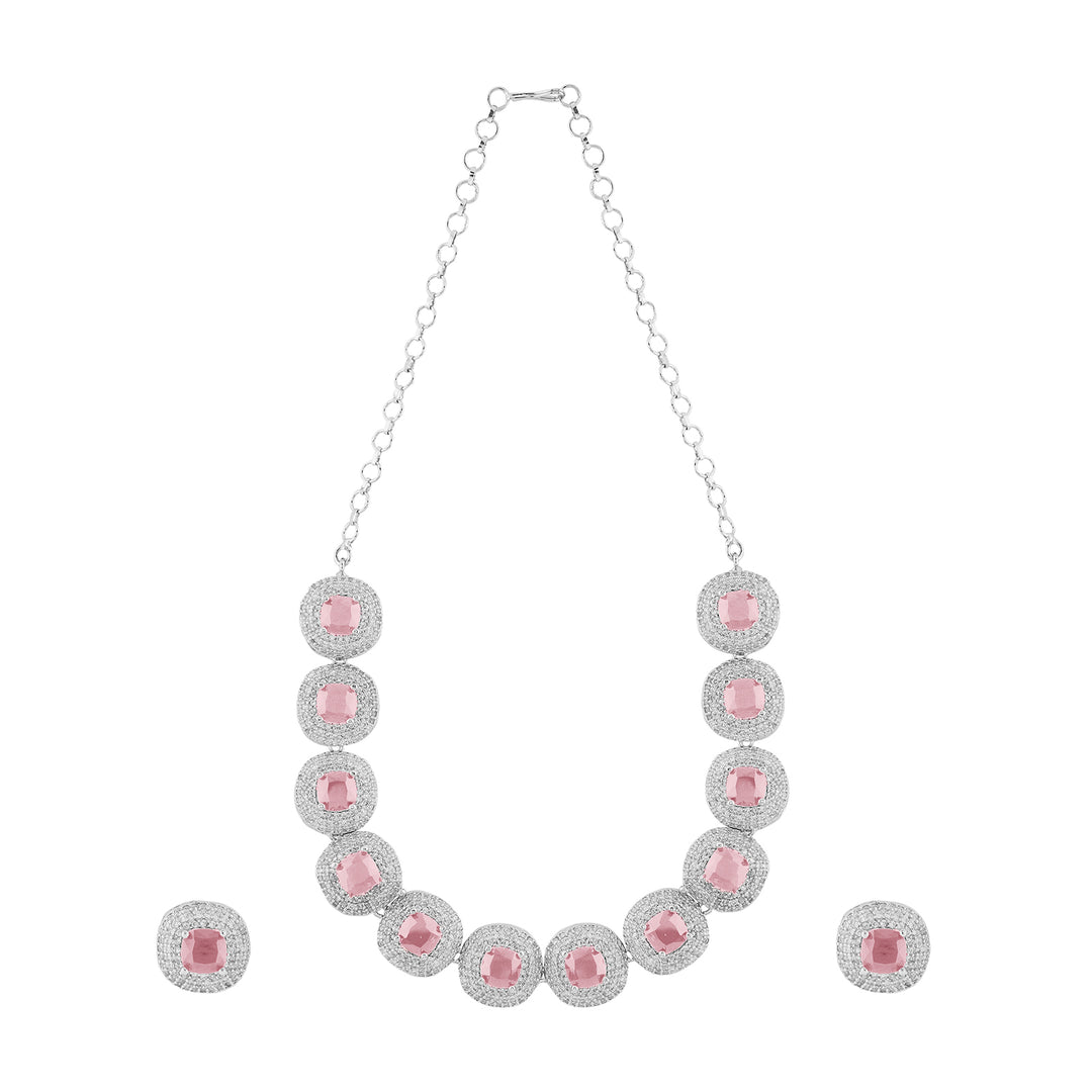 Teejh Celeste Silver Pink Stone Necklace Set