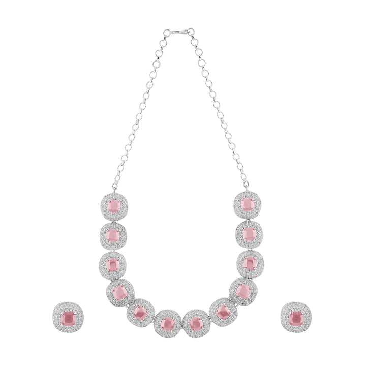 Teejh Celeste Silver Pink Stone Necklace Set