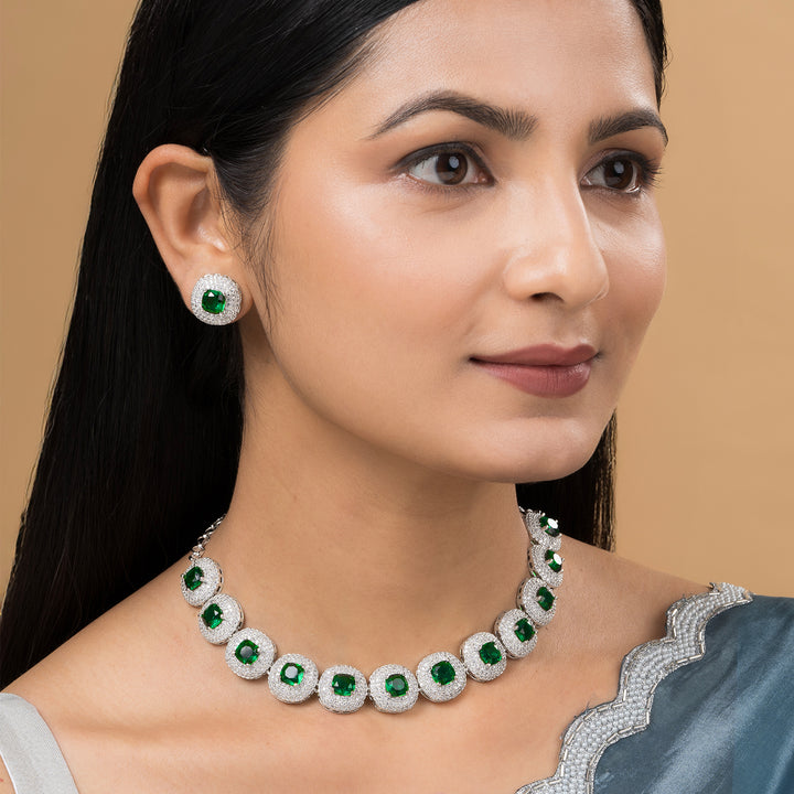 Teejh Celeste Silver Green Stone Necklace Set