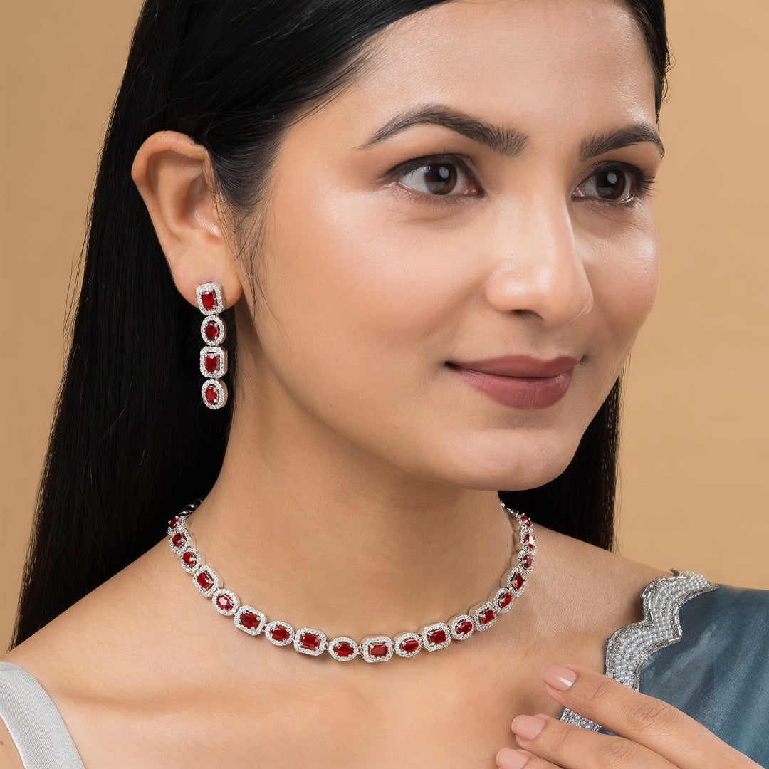 Teejh Elysia Silver and Red CZ stone Necklace set