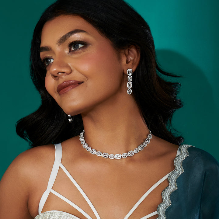 Teejh Elysia Silver and White stone Necklace set