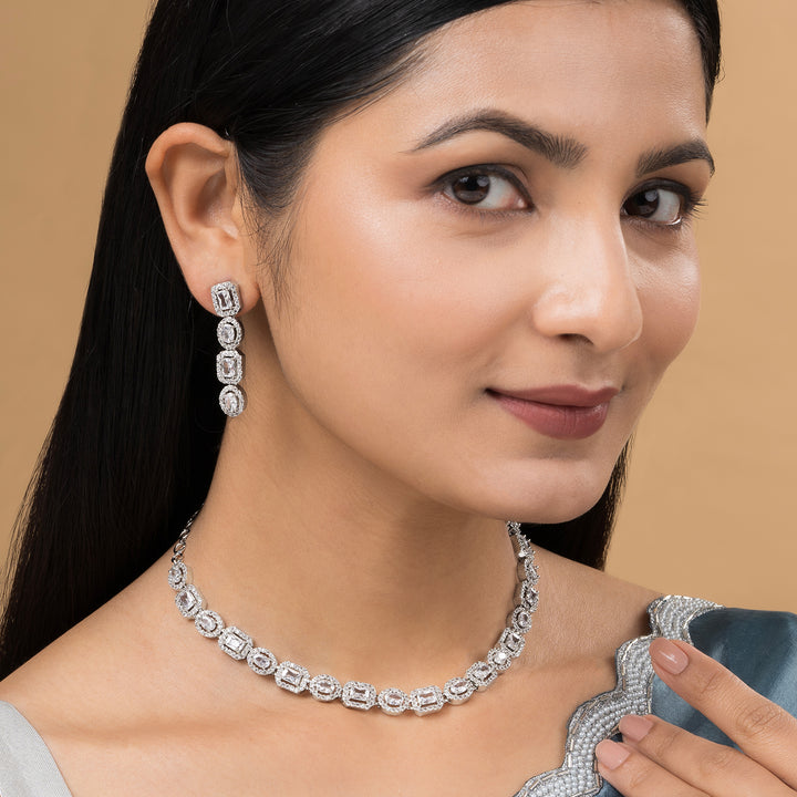 Teejh Elysia Silver and White stone Necklace set