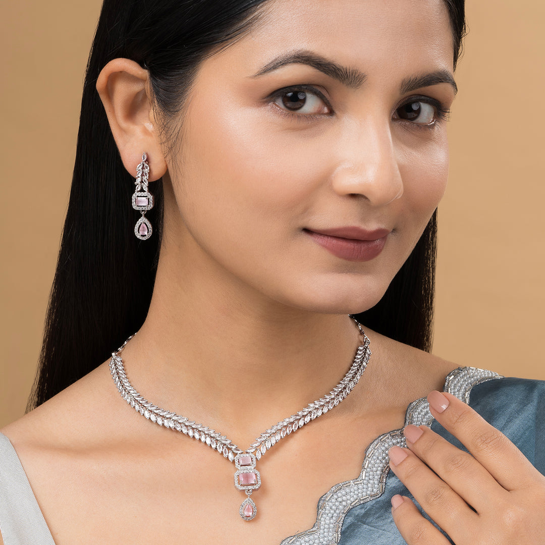Teejh Sparki Silver and Pink Stone Necklace set