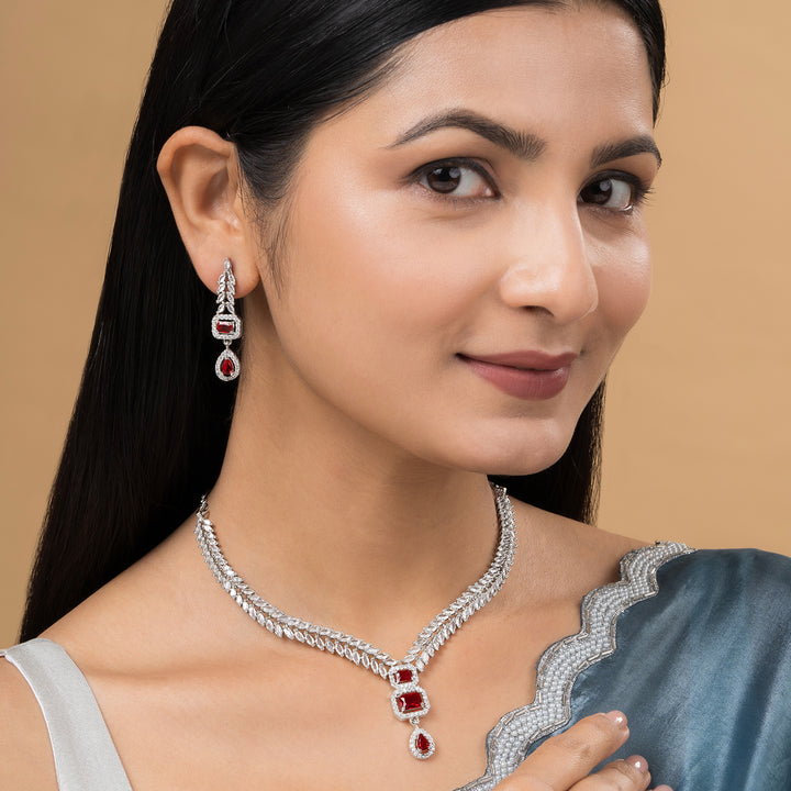 Teejh Sparki Silver and Red Stone Necklace set