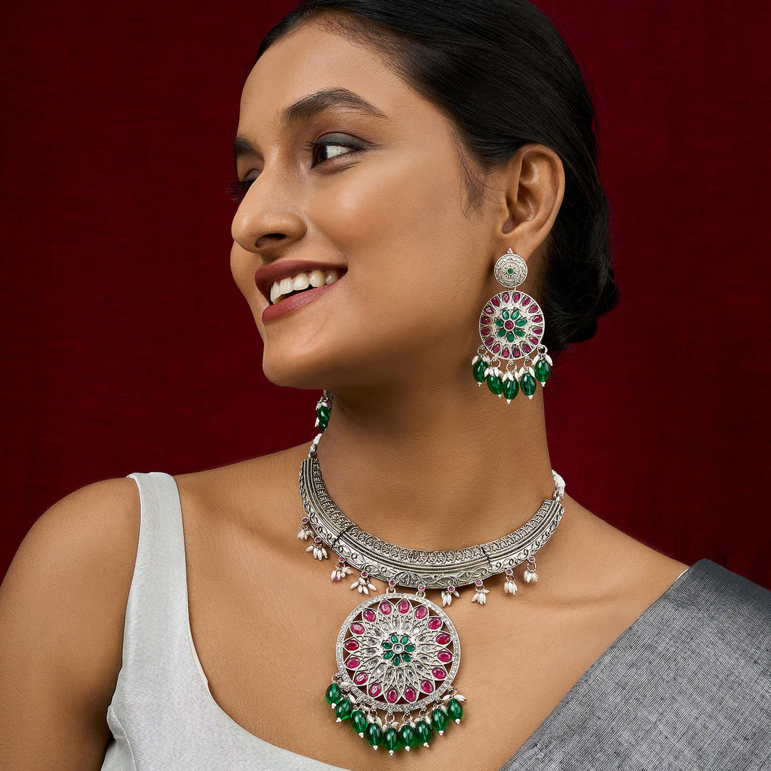 Teejh Aarzaa Silver Ghungroo Necklace Set