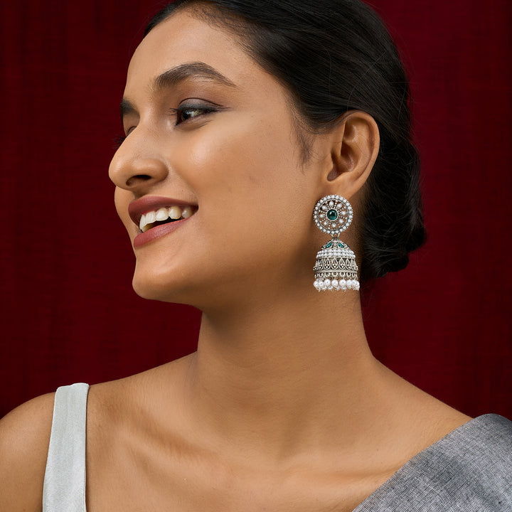 Teejh Hiran Silver Green Jhumka