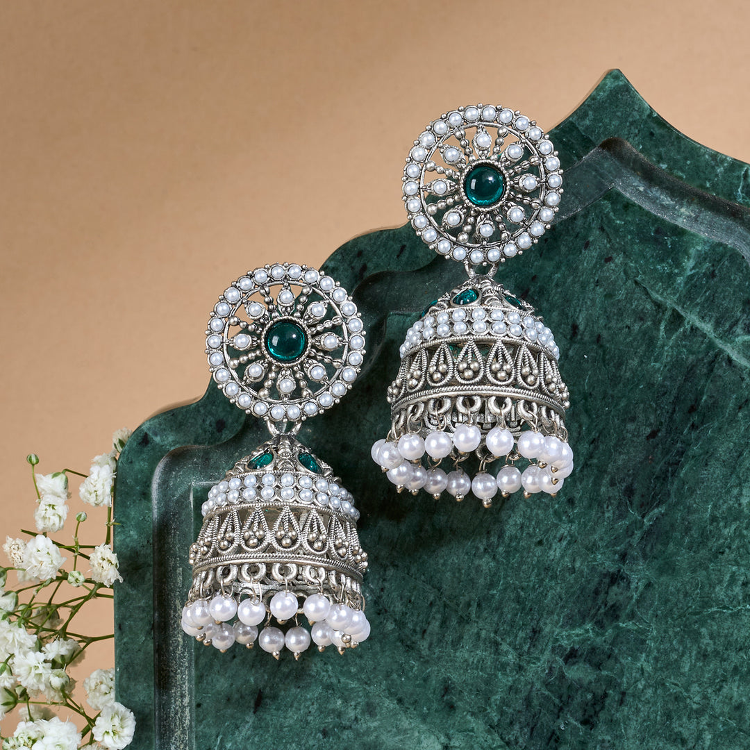 Teejh Hiran Silver Green Jhumka
