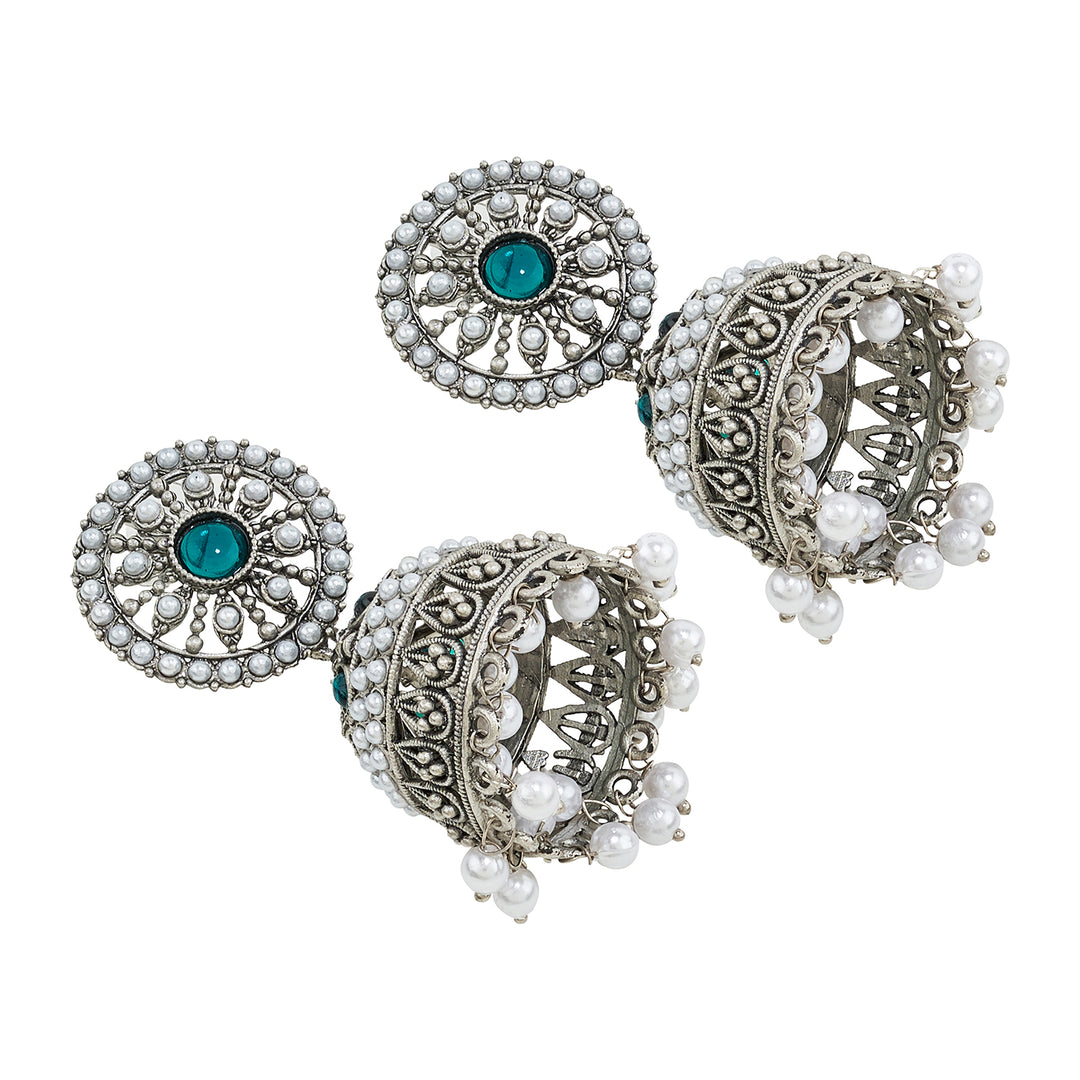 Teejh Hiran Silver Green Jhumka
