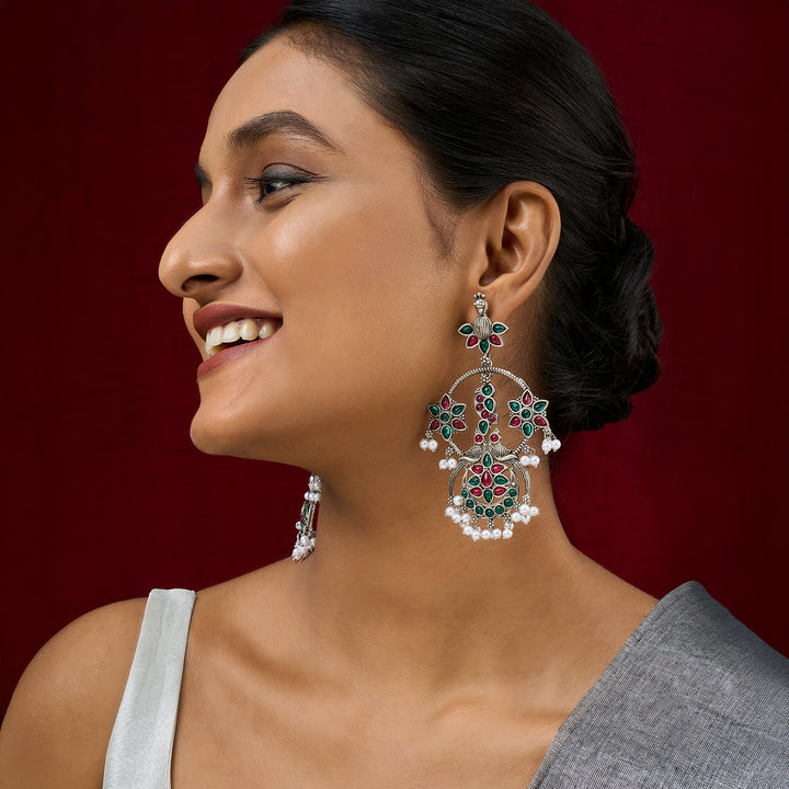 Teejh Mayi Silver Red and Green Danglers