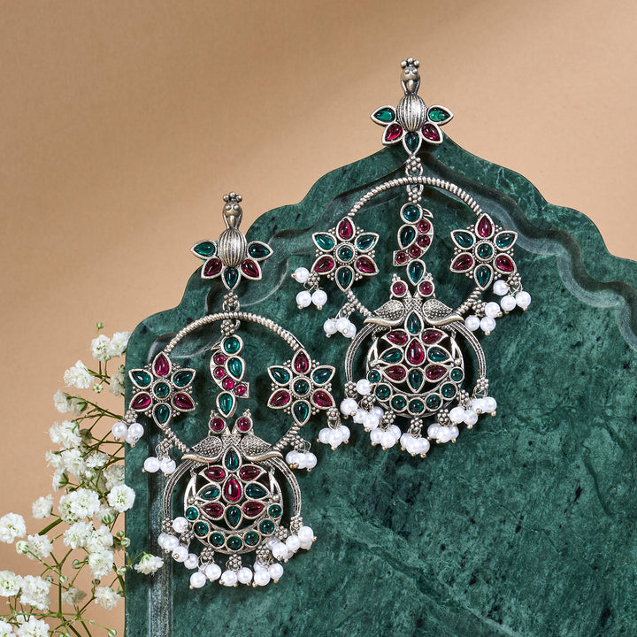 Teejh Mayi Silver Red and Green Danglers