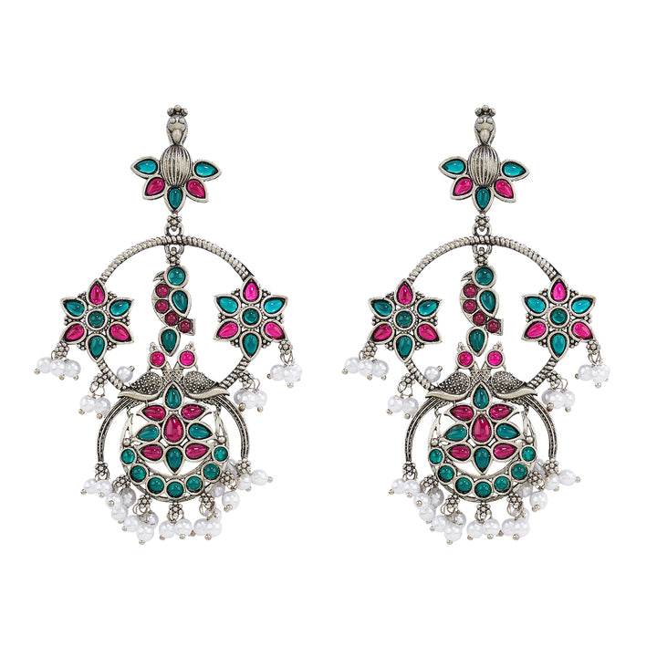 Teejh Mayi Silver Red and Green Danglers