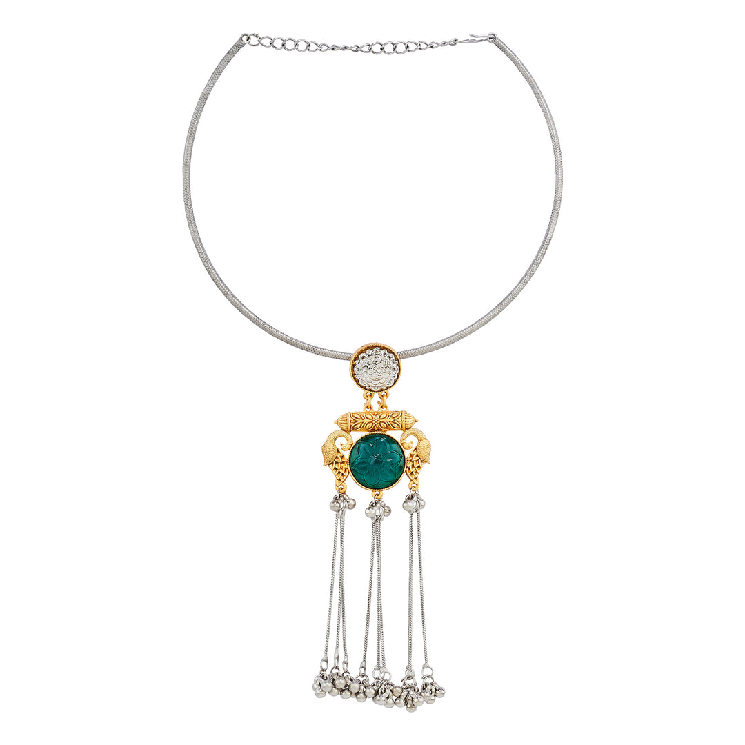 Teejh Tari Dual Tone Green Stone Necklace