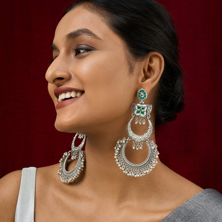 Teejh Aarzaa Silver Ghungroo Green Stone Chandbali